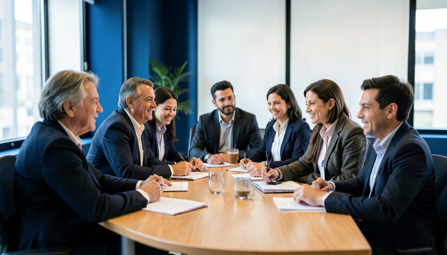 Grupo diverso de profesionales colaborando alrededor de una mesa en una sala luminosa, tonos azules profundos y cálidos